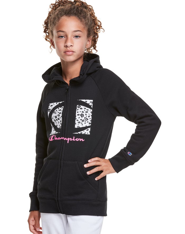 Champion Hoodie Meisjes - Zwart - Fleece Raglan Full Zip Leopard Knockout Logo ( 956087-UDS )